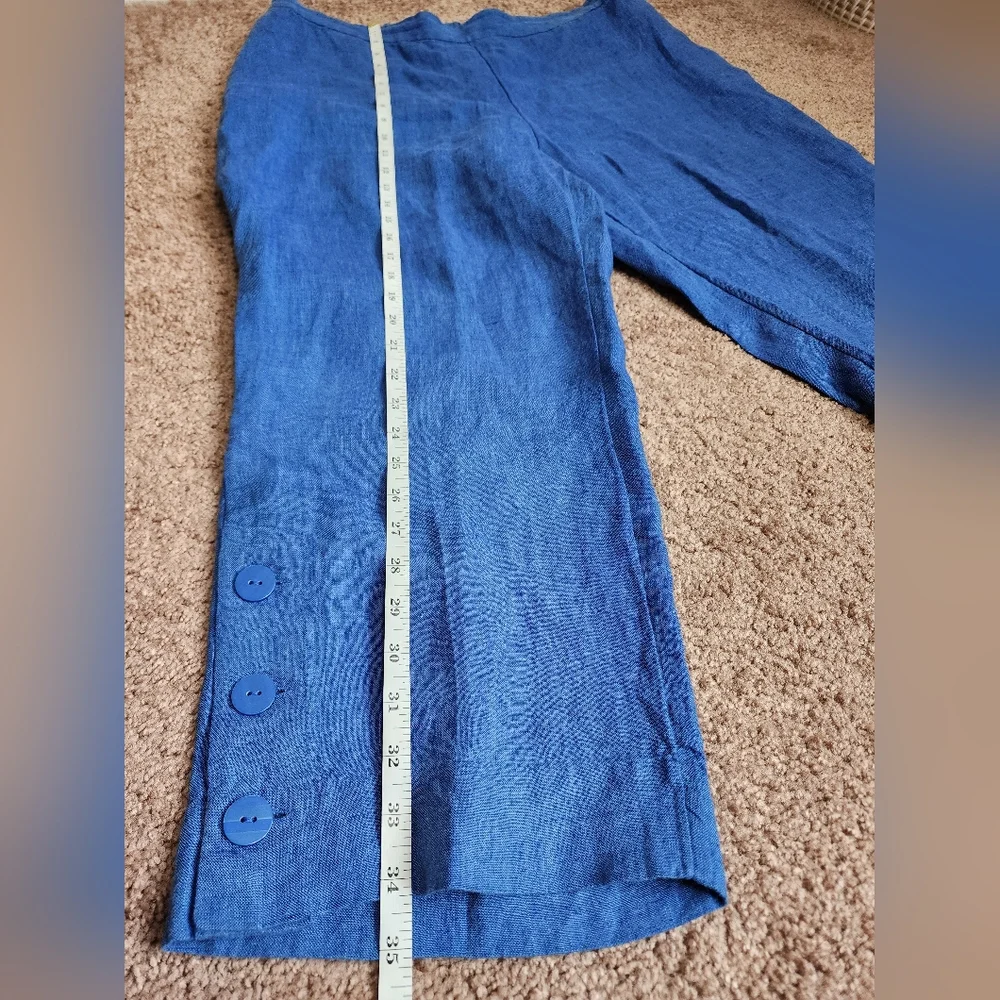 Chico's Linen Button Hem Crop Pants Women's 2 Blue Pull On Relaxed Fit W…